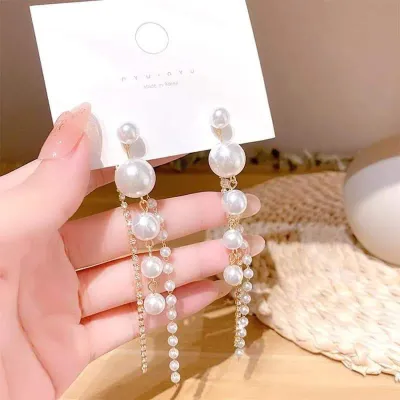 Fashionable Long Tassel Pearl Crystal Earrings